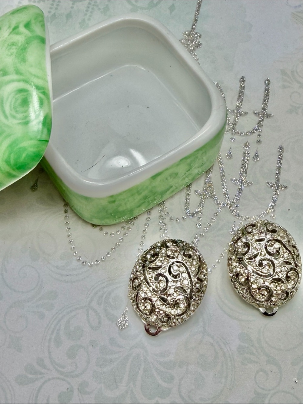 Oscar de la Renta Silver Crystal Filigree Oval Clip-On Earrings and trinket box